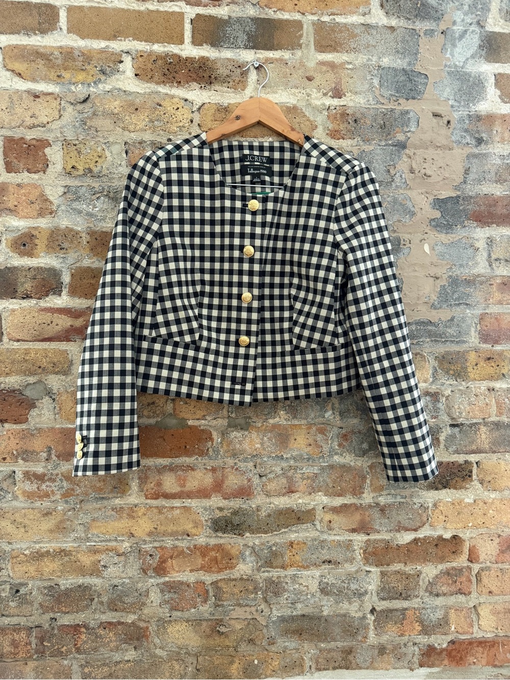 J. Crew Black and White Gingham Cropped Blazer with Gold Buttons